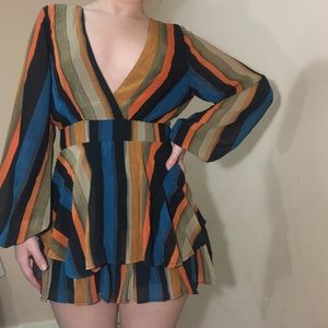 Formal Casual Stripe Print Long Sleeve Romper